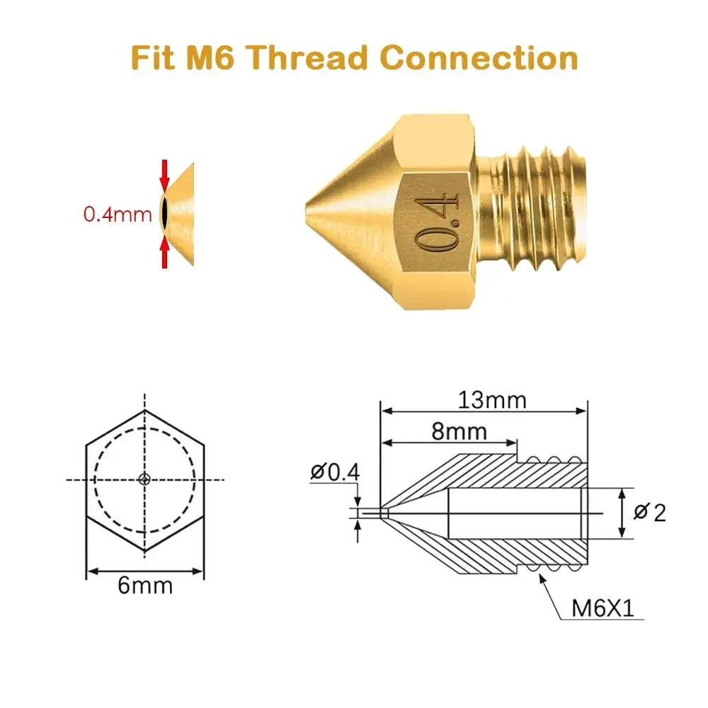 10PCS MK8 Nozzles for 3D Printer 0.4mm - Brass Extruder Nozzle Set M6 Thread Compatible with Creality Ender 3 Series, 1.75mm PLA/ABS/TPU
