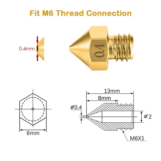 10PCS MK8 Nozzles for 3D Printer 0.4mm - Brass Extruder Nozzle Set M6 Thread Compatible with Creality Ender 3 Series, 1.75mm PLA/ABS/TPU