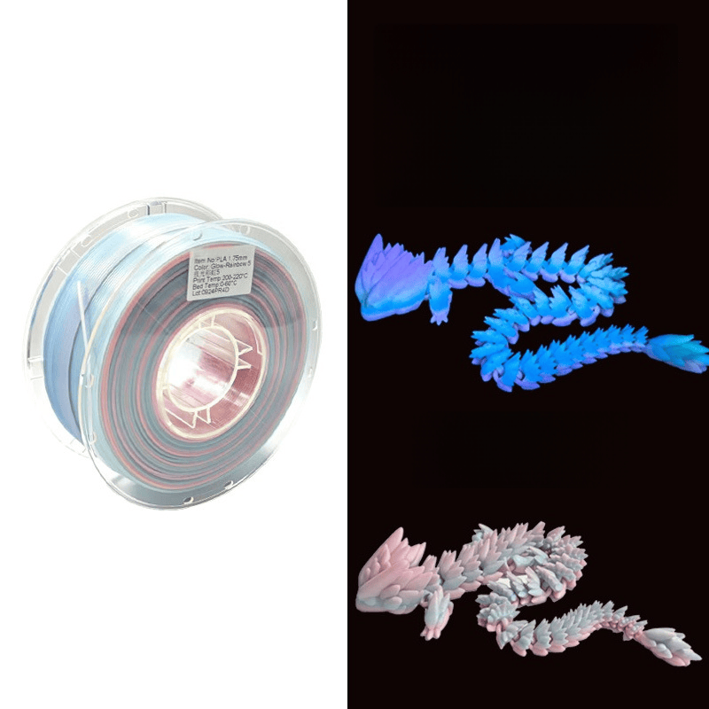 PLA Luminous Rainbow Filament 1.75mm – Multicolor Gradient Glow-in-the-Dark 3D Printing Material, Easy to Print, Eco-Friendly, 1KG